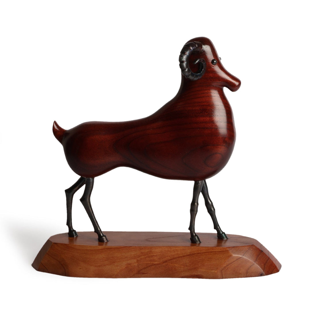 Cultural Handcrafted Apricot Wood and Iron Ram Sculpture - Proud Horns