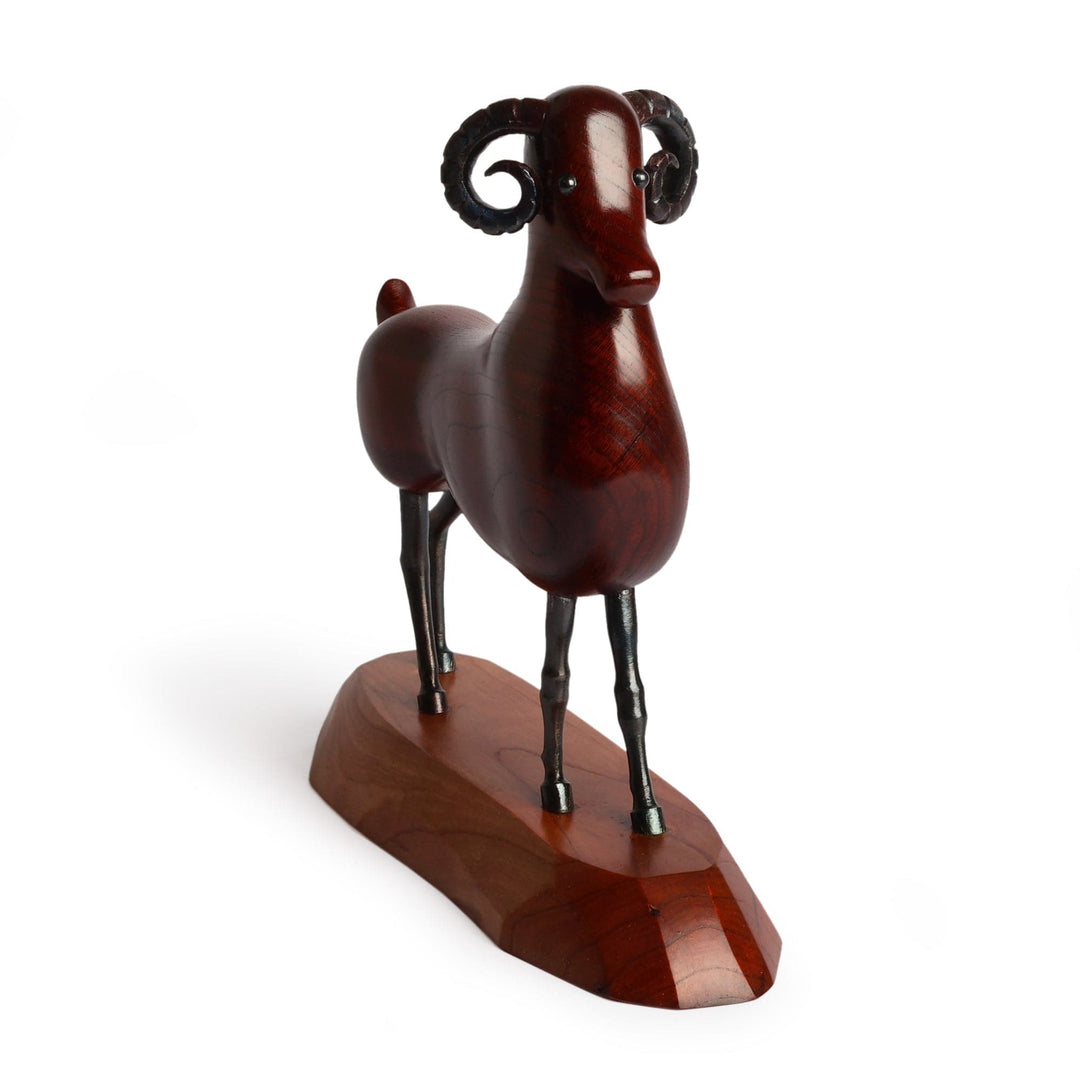 Cultural Handcrafted Apricot Wood and Iron Ram Sculpture - Proud Horns