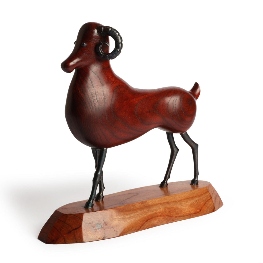 Cultural Handcrafted Apricot Wood and Iron Ram Sculpture - Proud Horns