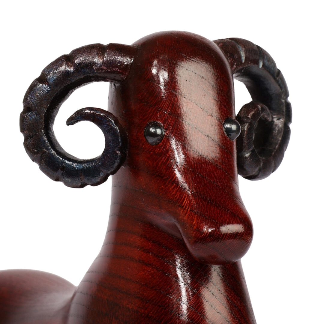 Cultural Handcrafted Apricot Wood and Iron Ram Sculpture - Proud Horns