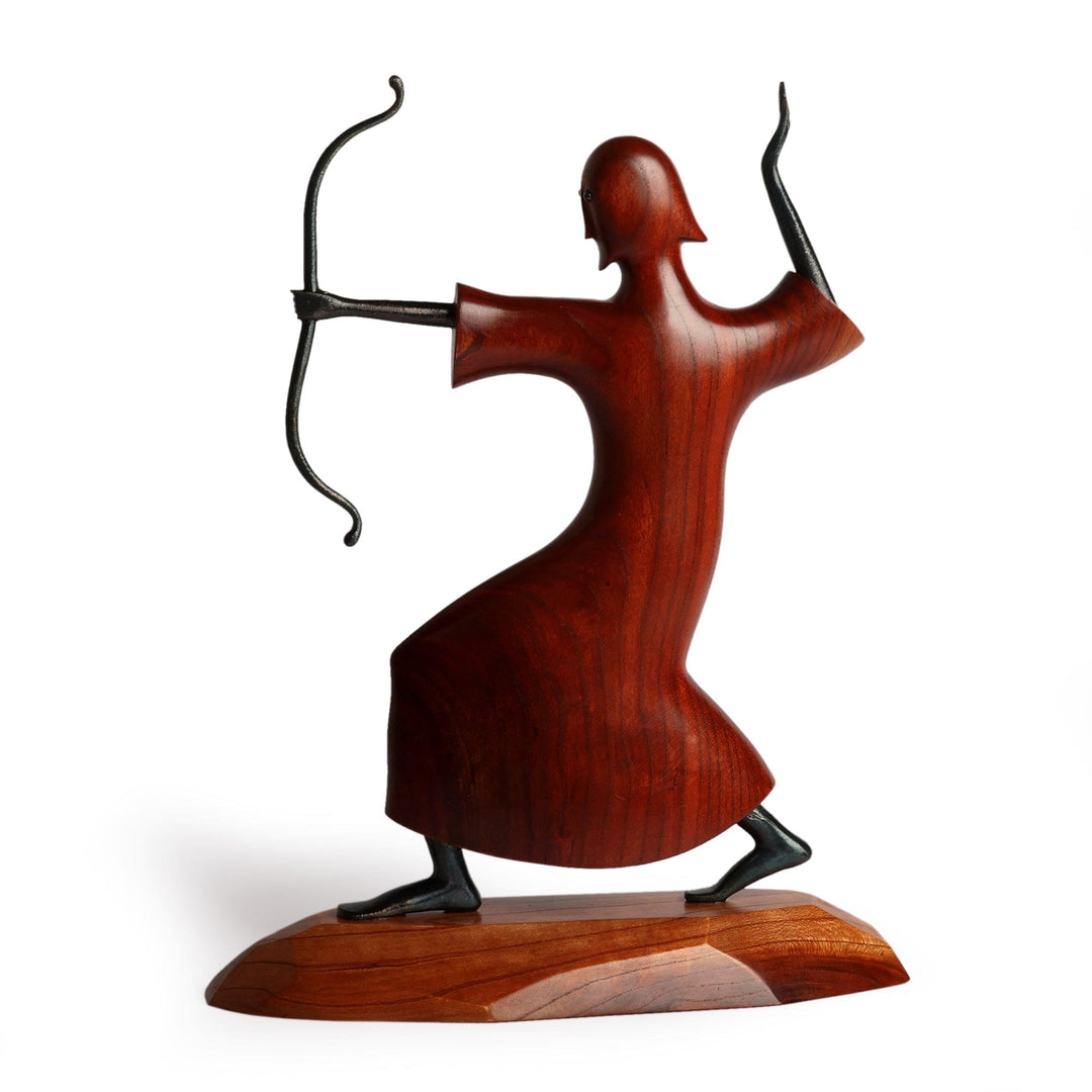Armenian-Inspired Apricot Wood and Iron Archer Sculpture - Elite Stance