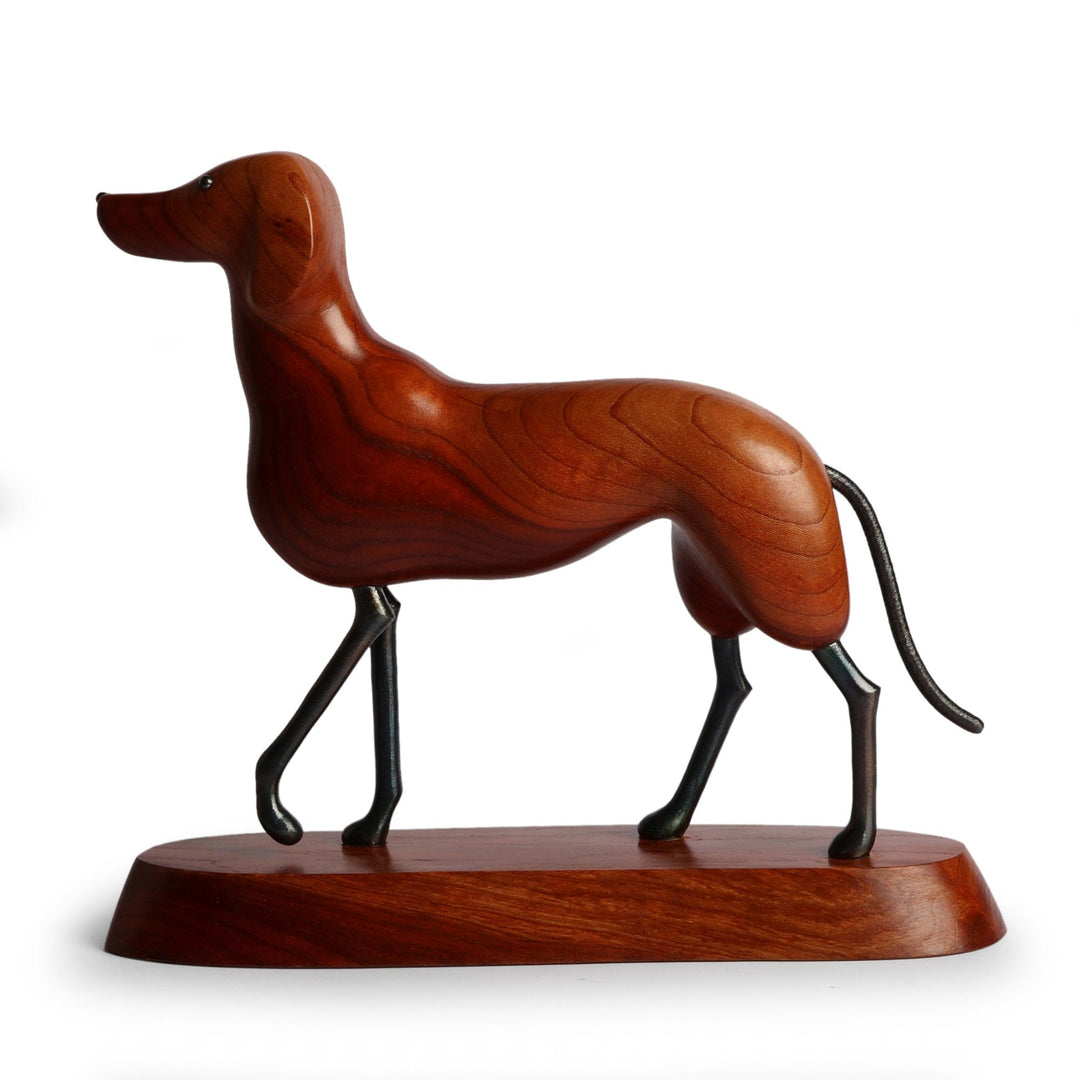Inspirational Handmade Apricot Wood and Iron Dog Sculpture - Loyal Canine