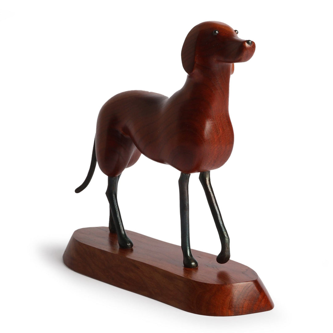 Inspirational Handmade Apricot Wood and Iron Dog Sculpture - Loyal Canine