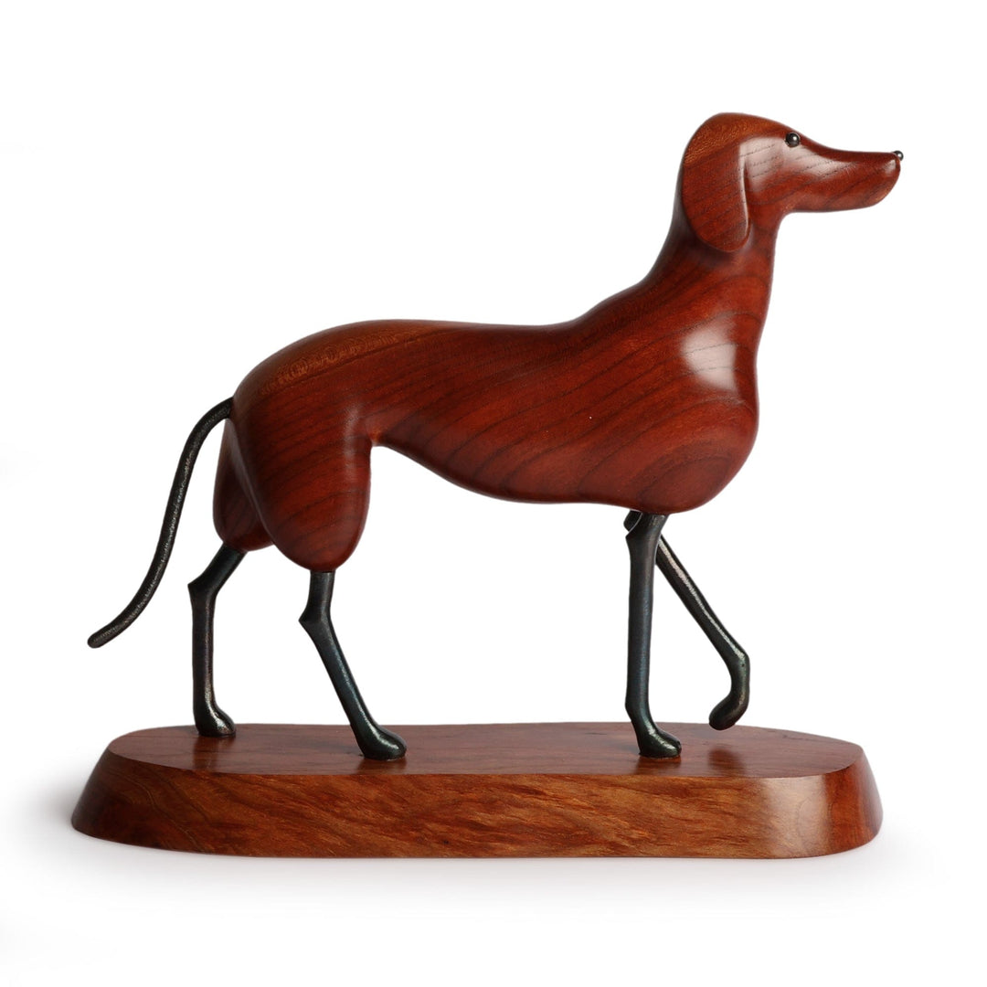 Inspirational Handmade Apricot Wood and Iron Dog Sculpture - Loyal Canine