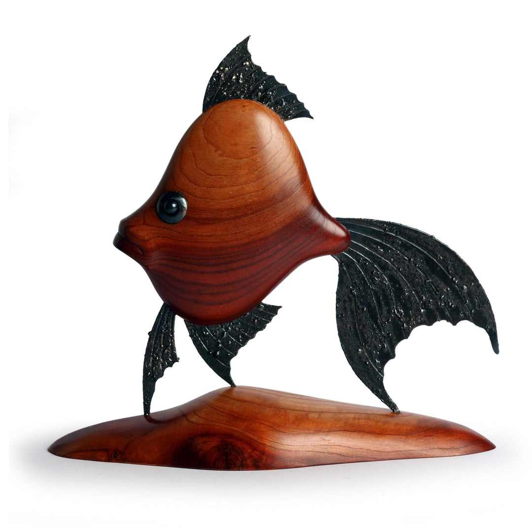 Sea Life-Themed Carved Apricot Wood and Iron Fish Sculpture - Marine Sense