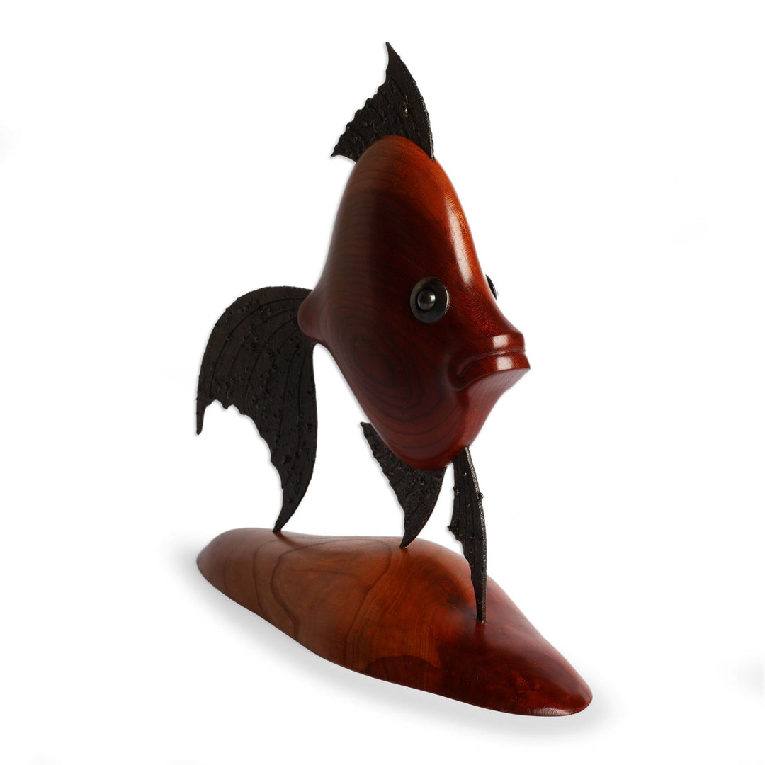 Sea Life-Themed Carved Apricot Wood and Iron Fish Sculpture - Marine Sense