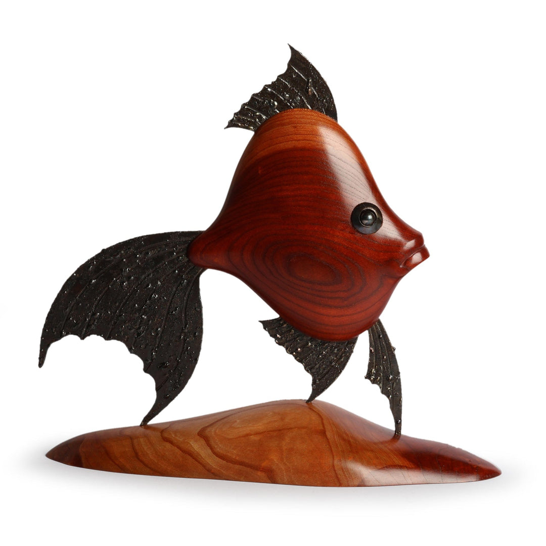 Sea Life-Themed Carved Apricot Wood and Iron Fish Sculpture - Marine Sense