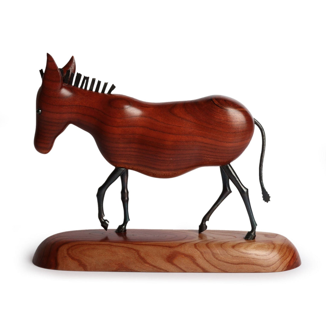 Fine Art Apricot Wood and Iron Donkey Sculpture from Armenia - Perseverant Donkey