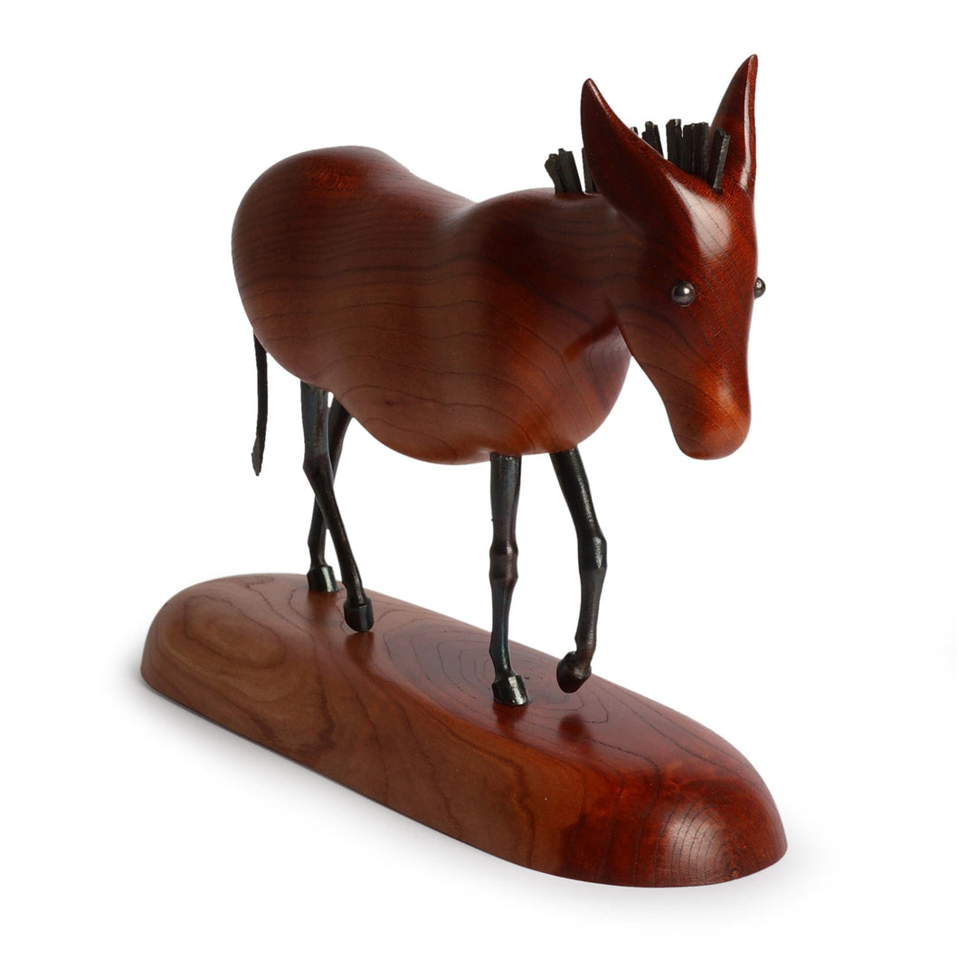 Fine Art Apricot Wood and Iron Donkey Sculpture from Armenia - Perseverant Donkey