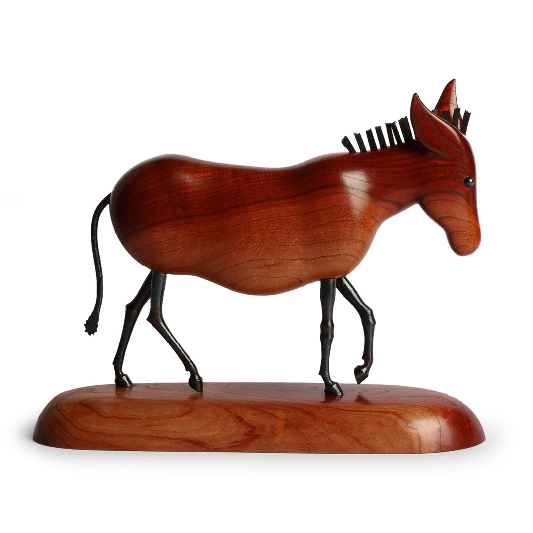 Fine Art Apricot Wood and Iron Donkey Sculpture from Armenia - Perseverant Donkey