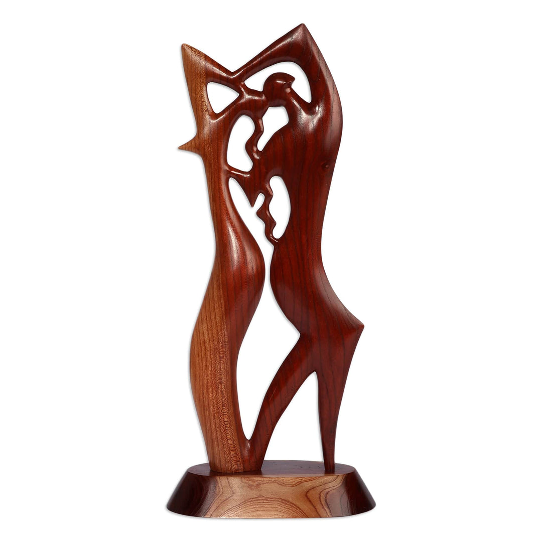 Dance-Themed Semi-Abstract Polished Apricot Wood Sculpture - Dancers in Harmony