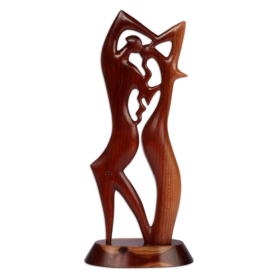 Dance-Themed Semi-Abstract Polished Apricot Wood Sculpture - Dancers in Harmony