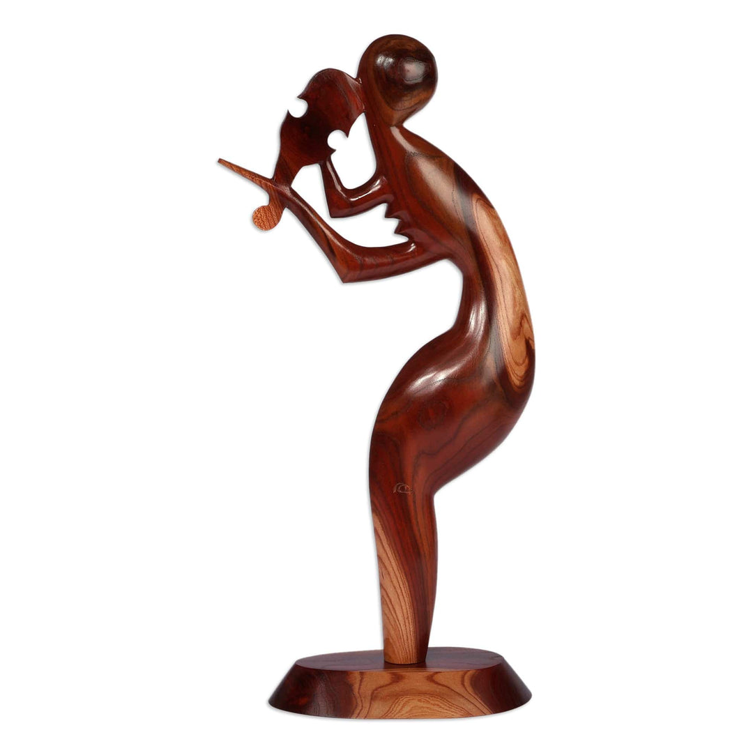Handmade Music-Themed Semi-Abstract Apricot Wood Sculpture - One Violinist