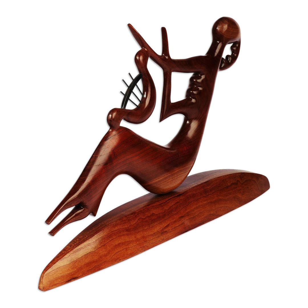 Armenian-Made Semi-Abstract Apricot Wood Harpist Sculpture - Harpist in Harmony