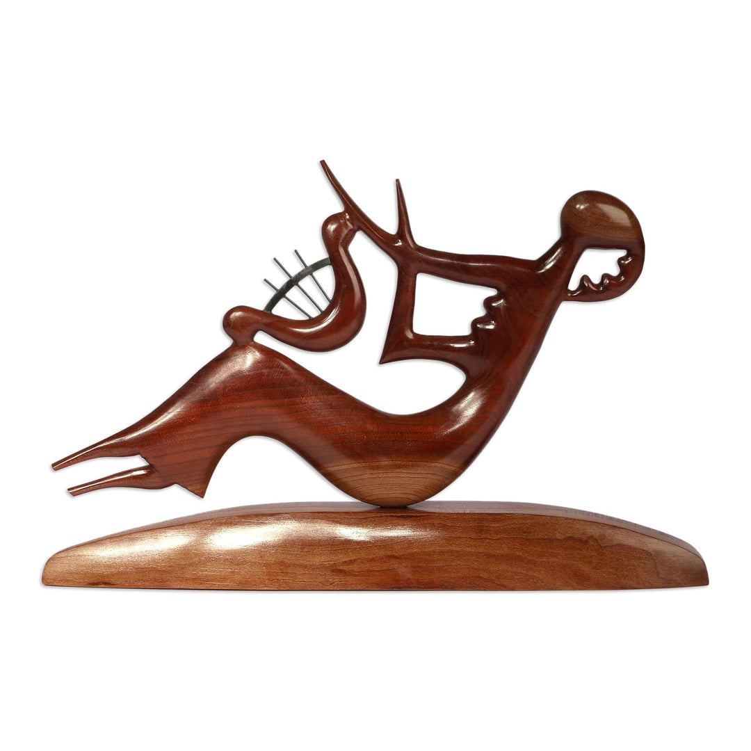 Armenian-Made Semi-Abstract Apricot Wood Harpist Sculpture - Harpist in Harmony