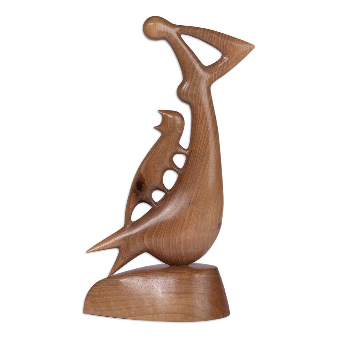 Inspirational Semi-Abstract Pet Lover Walnut Wood Sculpture - Harmony with Company