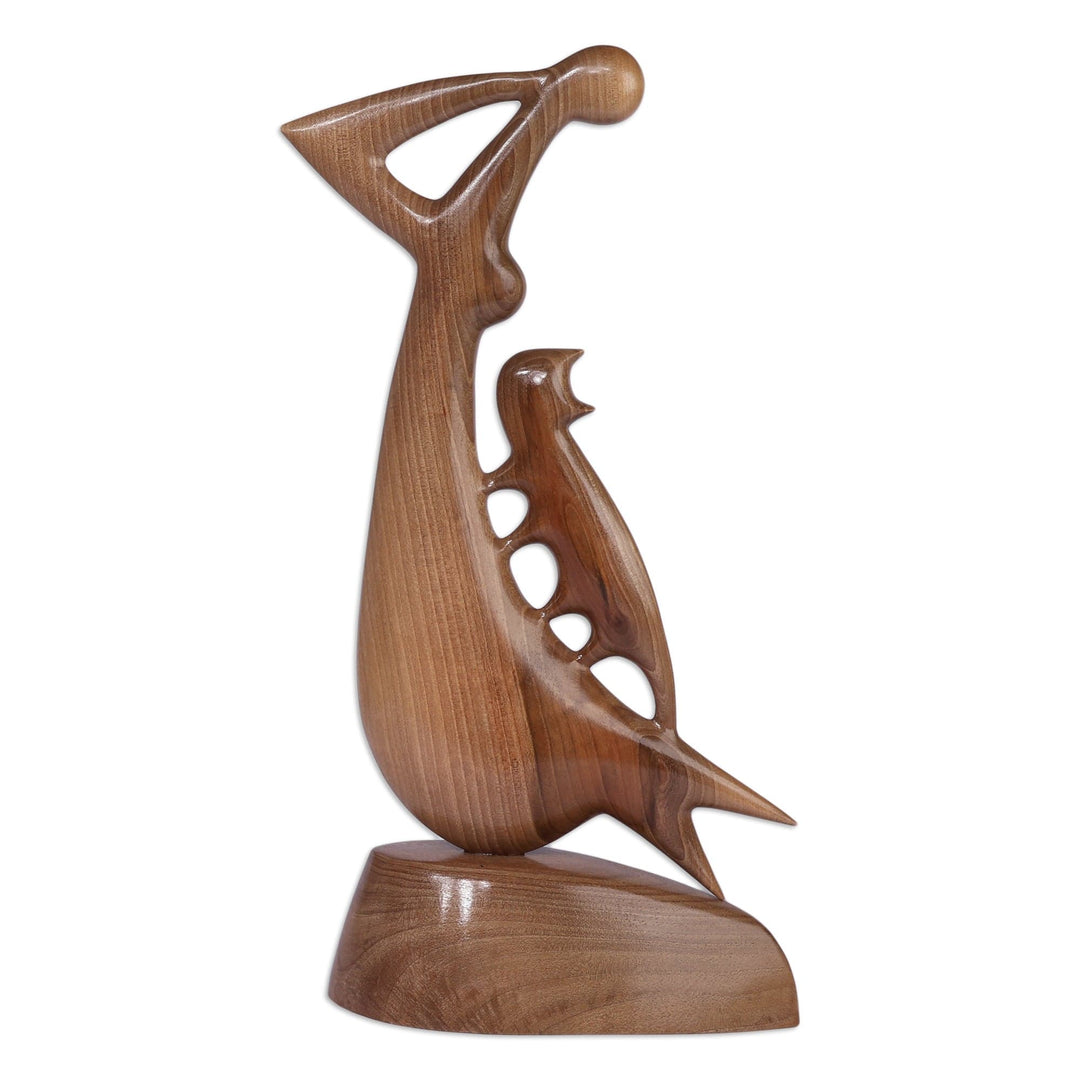 Inspirational Semi-Abstract Pet Lover Walnut Wood Sculpture - Harmony with Company