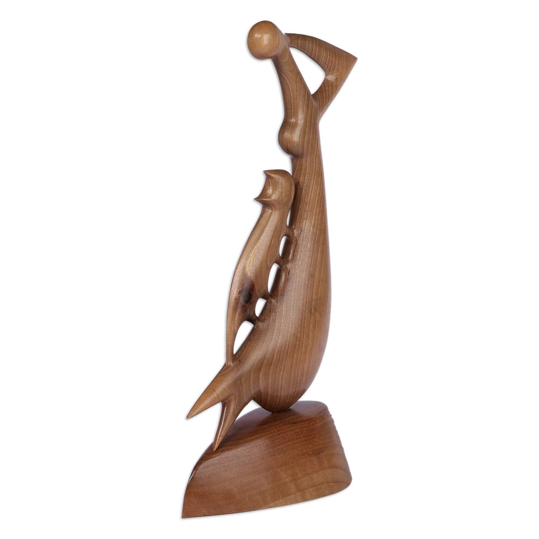 Inspirational Semi-Abstract Pet Lover Walnut Wood Sculpture - Harmony with Company