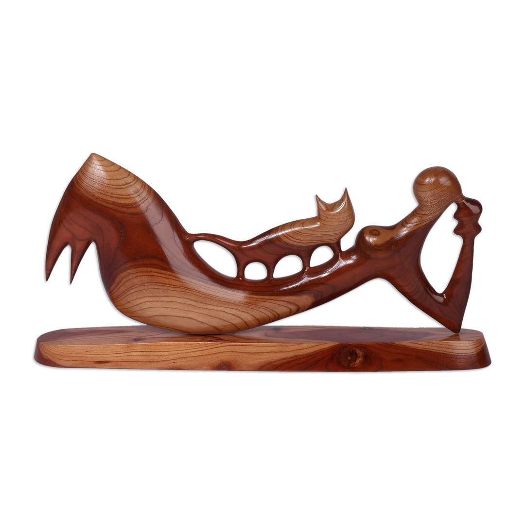 Fair Trade Modern Brown Apricot Wood Cat & Human Sculpture - A Girl and Cat