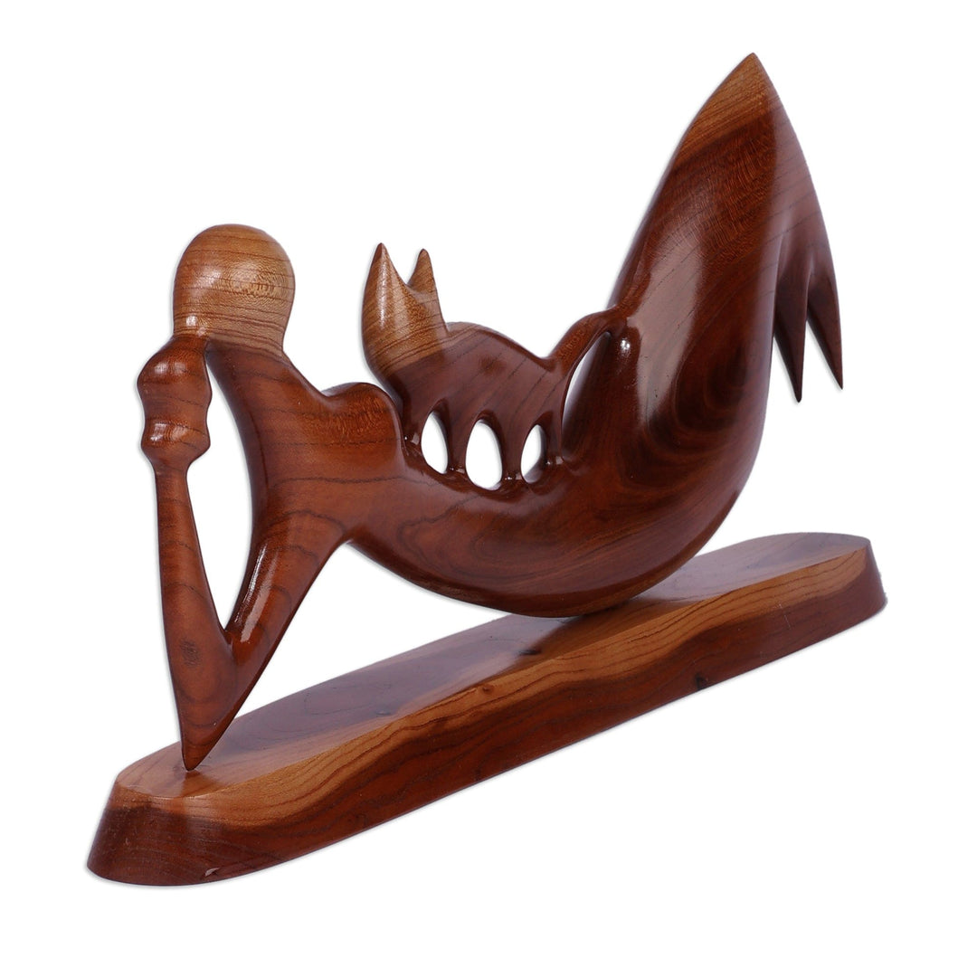 Fair Trade Modern Brown Apricot Wood Cat & Human Sculpture - A Girl and Cat