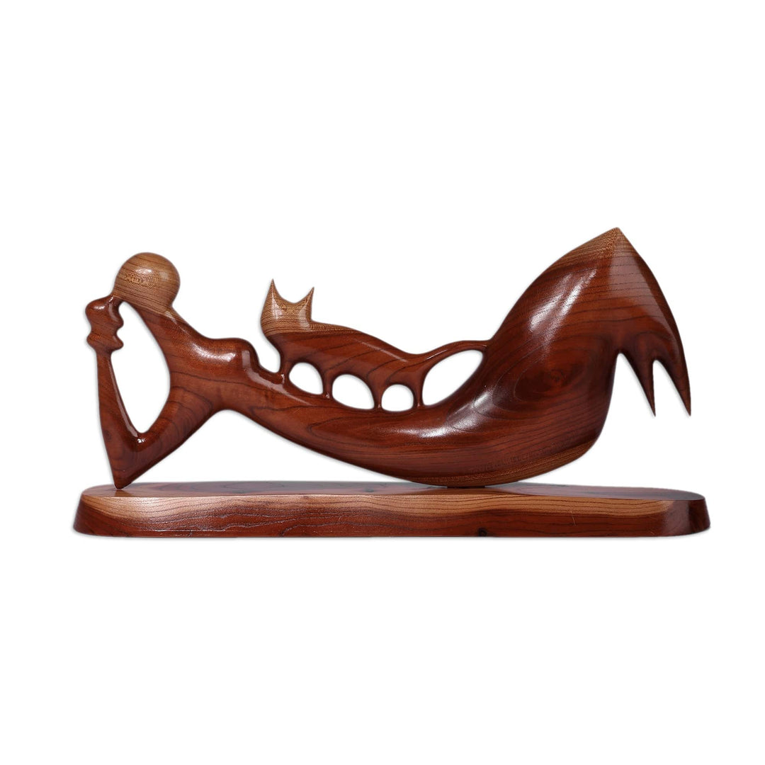 Fair Trade Modern Brown Apricot Wood Cat & Human Sculpture - A Girl and Cat