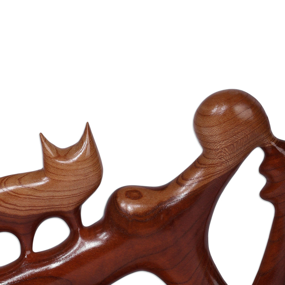 Fair Trade Modern Brown Apricot Wood Cat & Human Sculpture - A Girl and Cat