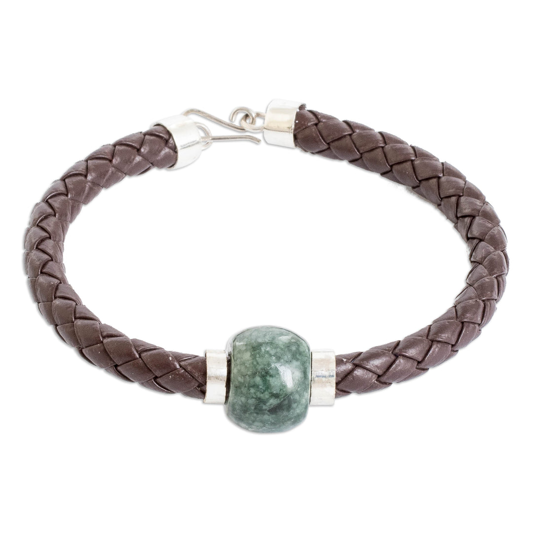 Braided Faux Leather Pendant Bracelet with Green Jade Jewel - Valiant Nucleus