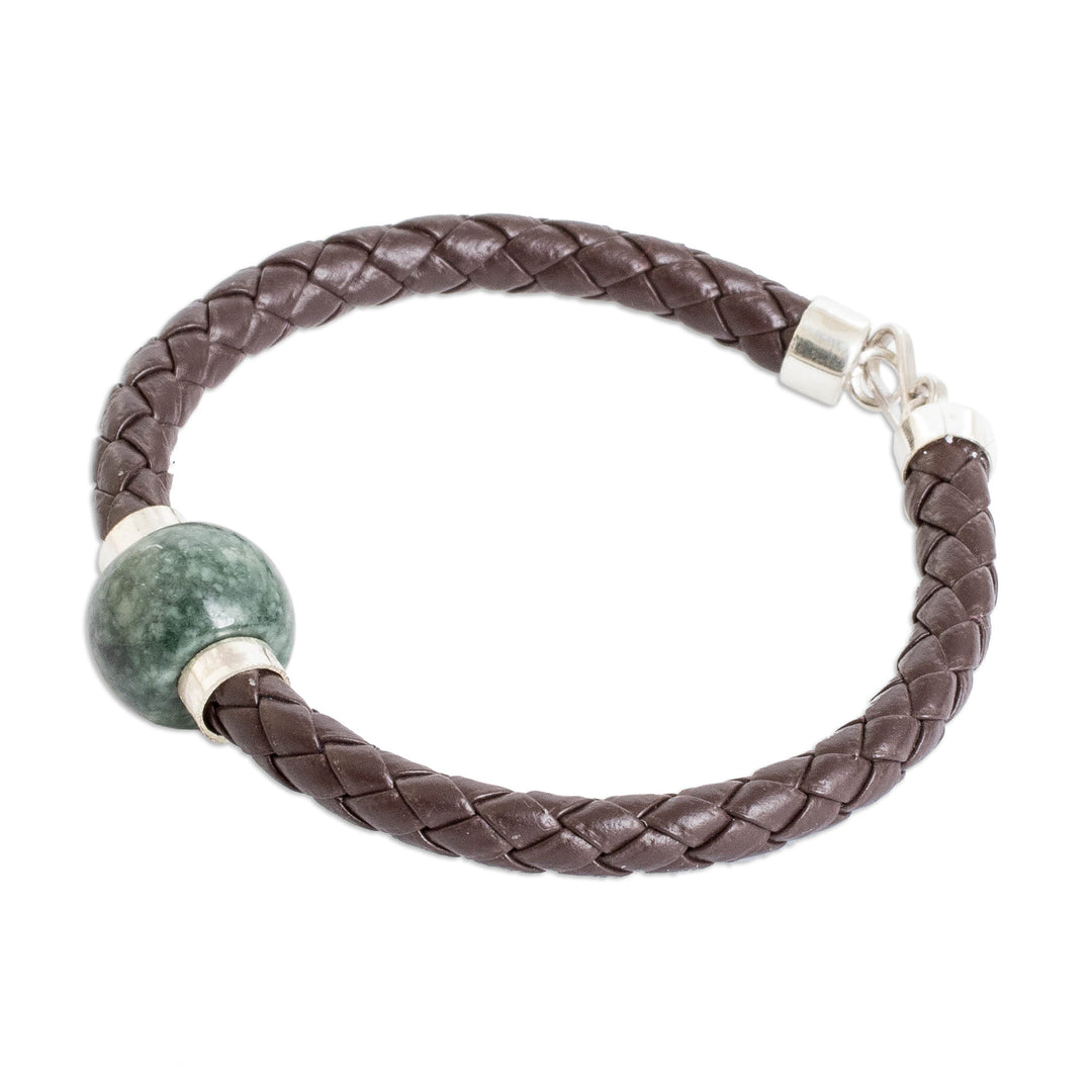 Braided Faux Leather Pendant Bracelet with Green Jade Jewel - Valiant Nucleus