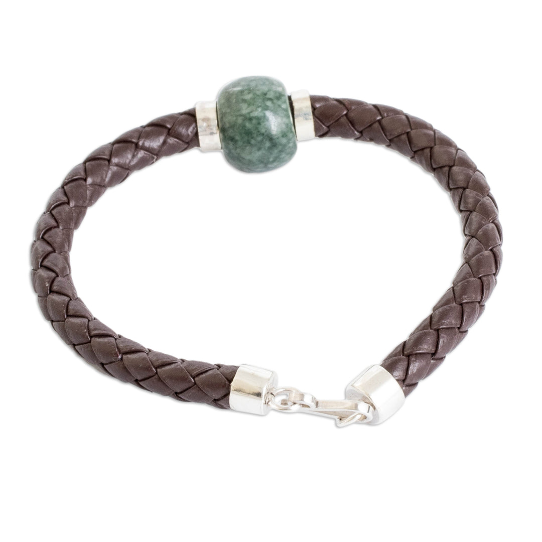 Braided Faux Leather Pendant Bracelet with Green Jade Jewel - Valiant Nucleus