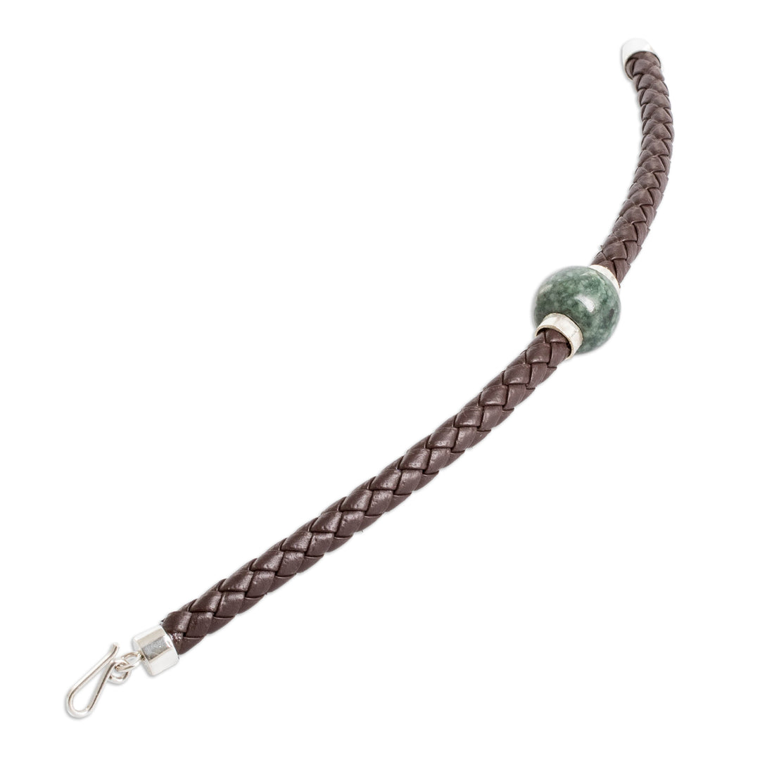 Braided Faux Leather Pendant Bracelet with Green Jade Jewel - Valiant Nucleus