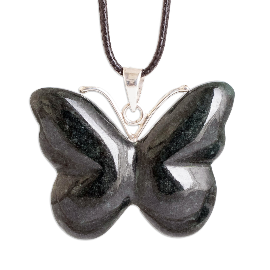 Green Jade Butterfly Pendant Necklace with Silver Accents - Butterfly Harmony