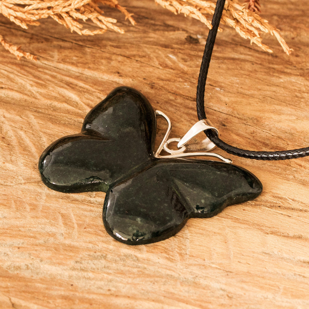 Green Jade Butterfly Pendant Necklace with Silver Accents - Butterfly Harmony