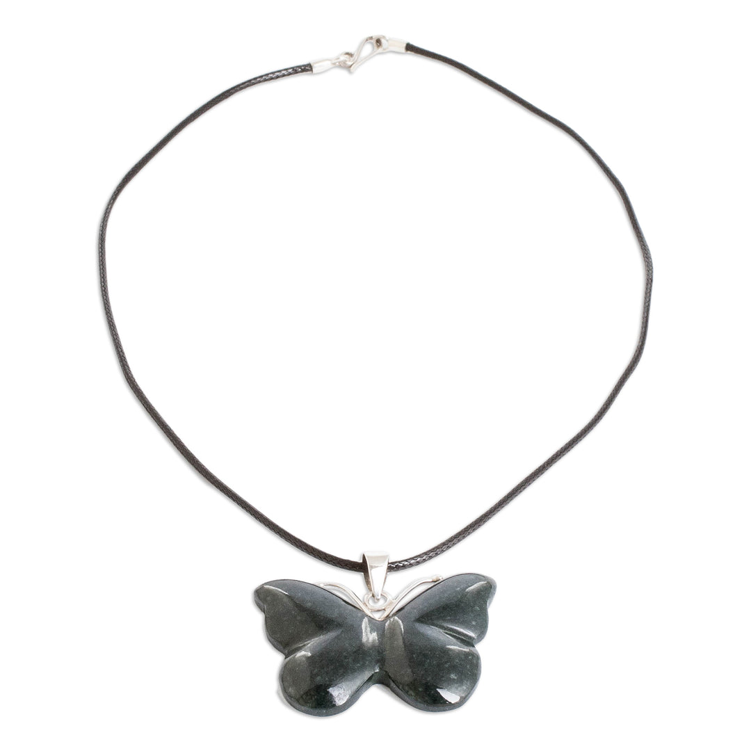 Green Jade Butterfly Pendant Necklace with Silver Accents - Butterfly Harmony