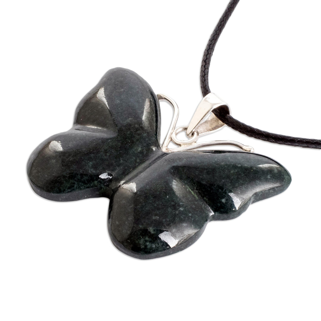 Green Jade Butterfly Pendant Necklace with Silver Accents - Butterfly Harmony
