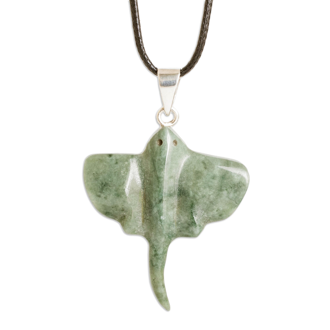 Manta Ray-Themed Light Green Jade Silver Pendant Necklace - Sea Icon