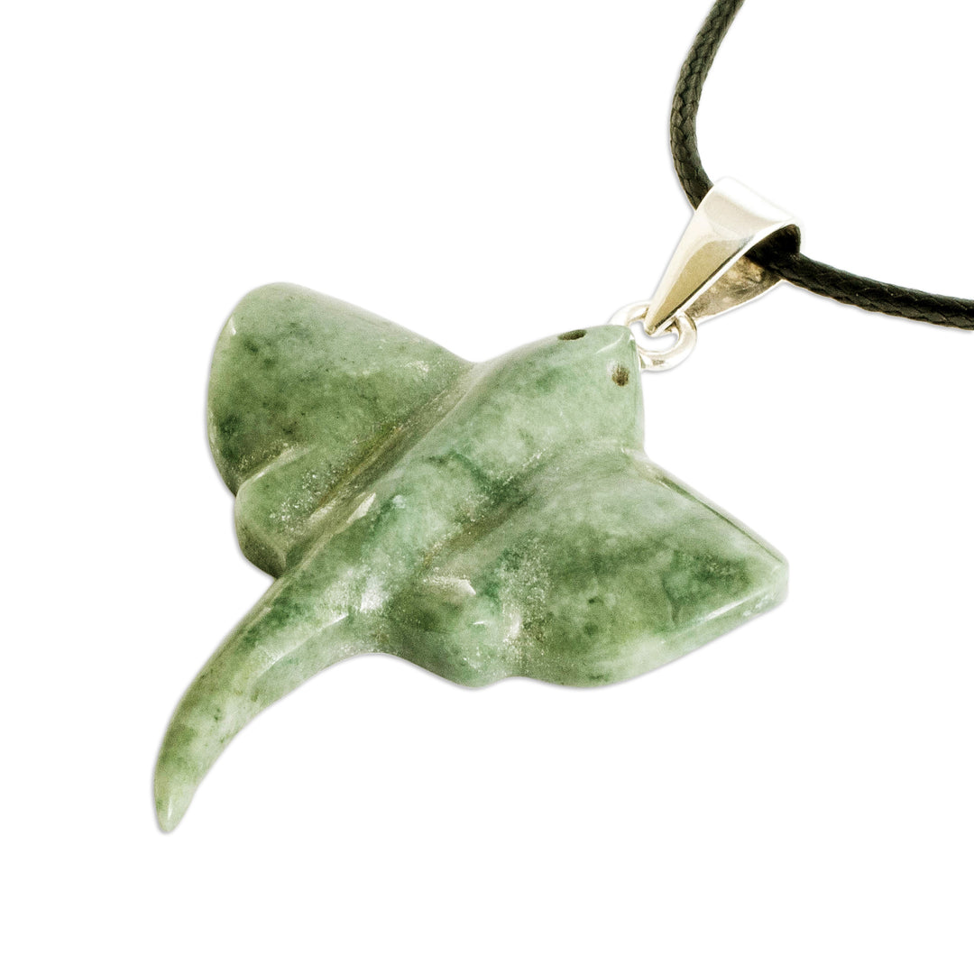 Manta Ray-Themed Light Green Jade Silver Pendant Necklace - Sea Icon
