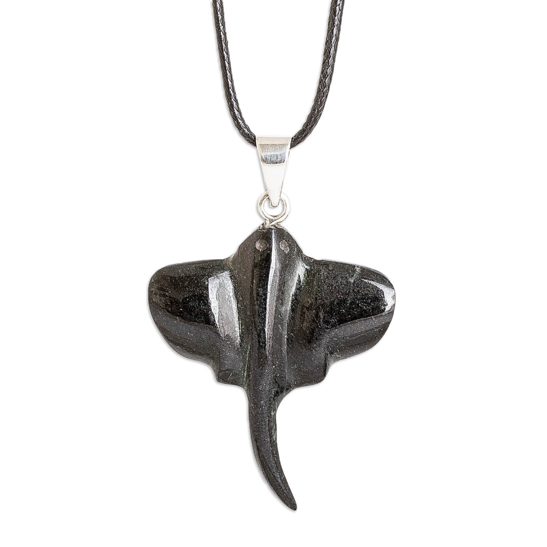 Dark Green Jade Sterling Silver Manta Ray Pendant Necklace - Sea Legend
