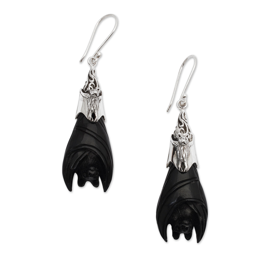Hand-Carved Sterling Silver Bat Dangle Earrings in Black - Dark Bats