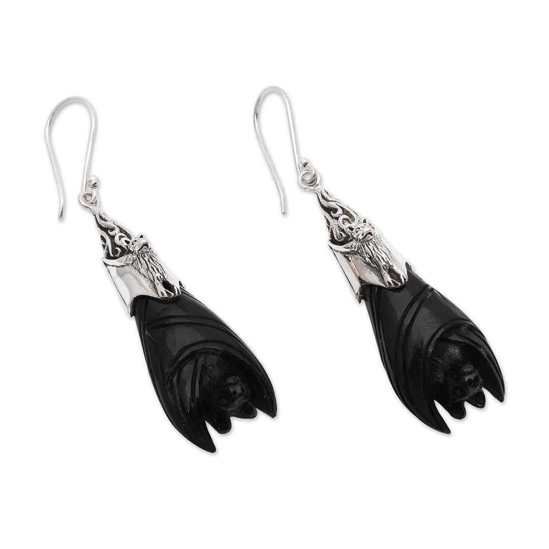 Hand-Carved Sterling Silver Bat Dangle Earrings in Black - Dark Bats