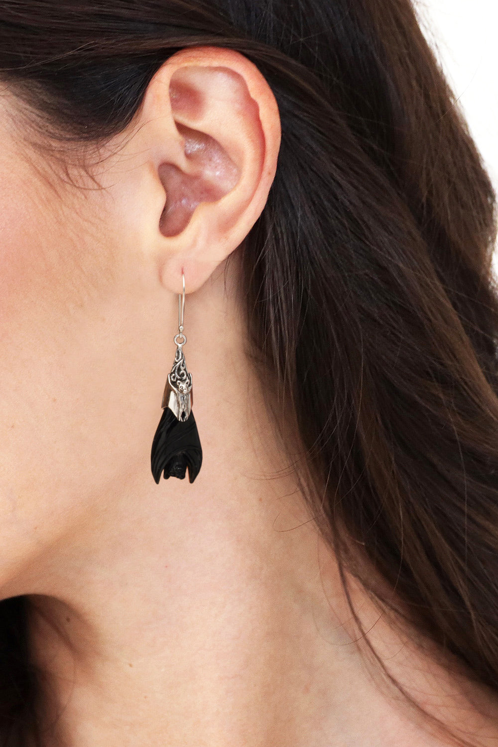Hand-Carved Sterling Silver Bat Dangle Earrings in Black - Dark Bats