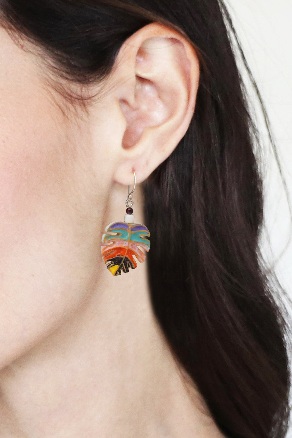 Painted Carved Monstera Leaf Garnet Silver Dangle Earrings - Colorful Monstera