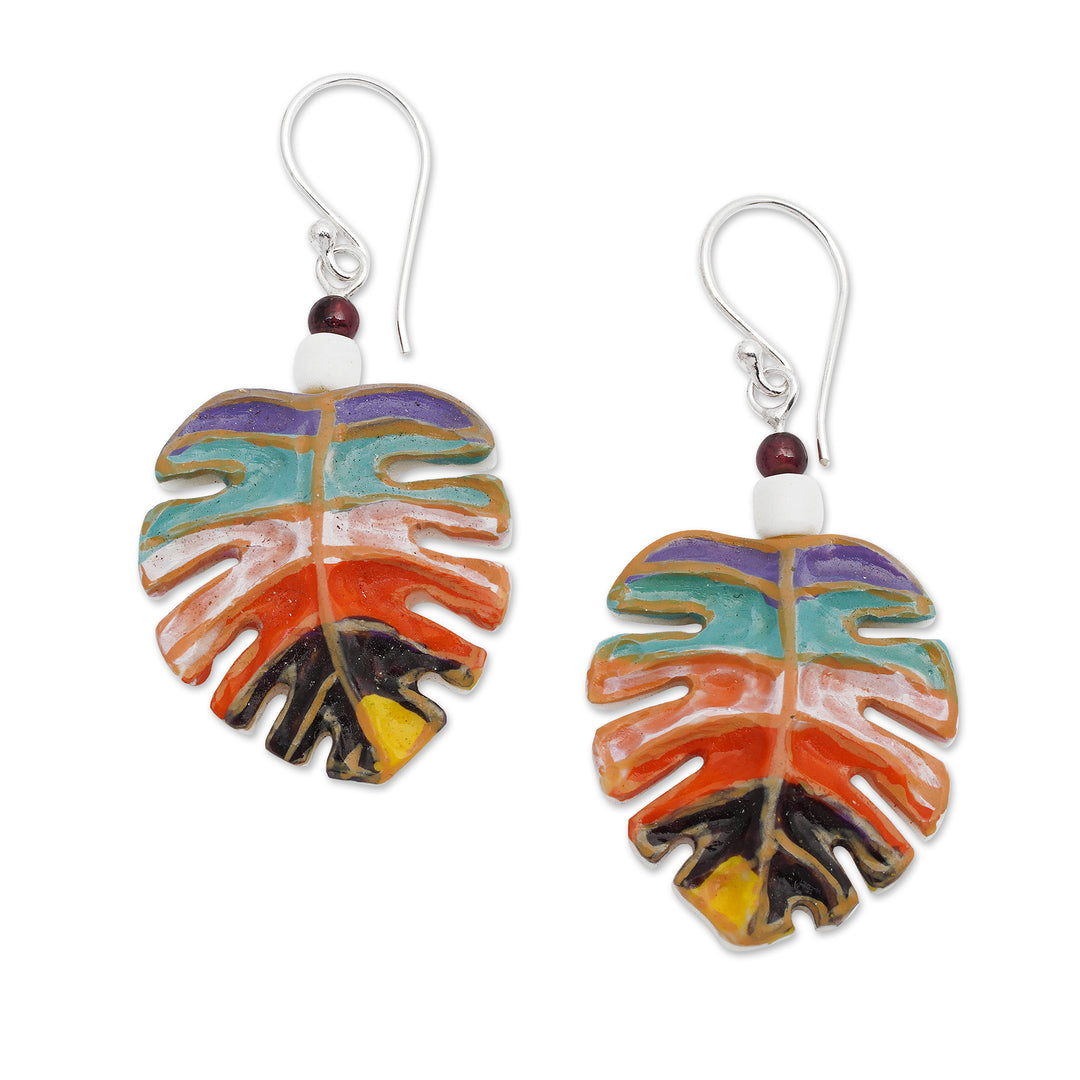 Painted Carved Monstera Leaf Garnet Silver Dangle Earrings - Colorful Monstera