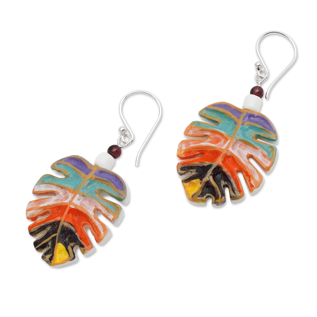 Painted Carved Monstera Leaf Garnet Silver Dangle Earrings - Colorful Monstera