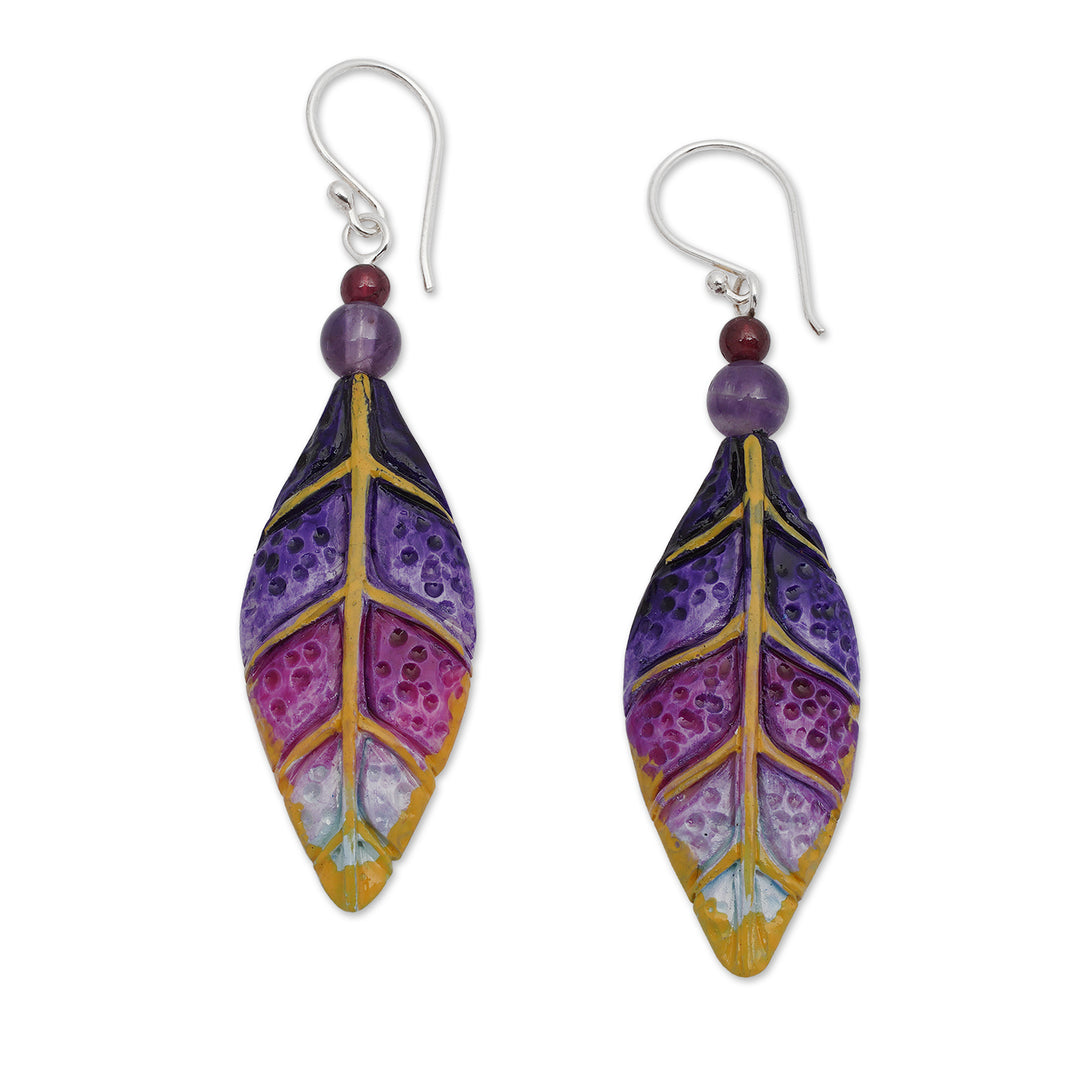 Hand-Carved Silver Amethyst and Garnet Leaf Dangle Earrings - Fairy Leaves