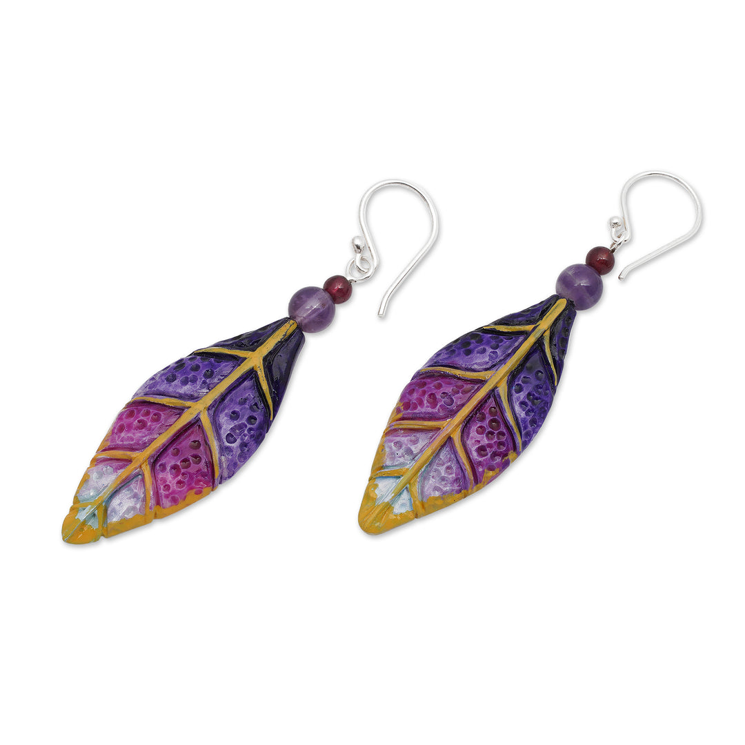Hand-Carved Silver Amethyst and Garnet Leaf Dangle Earrings - Fairy Leaves