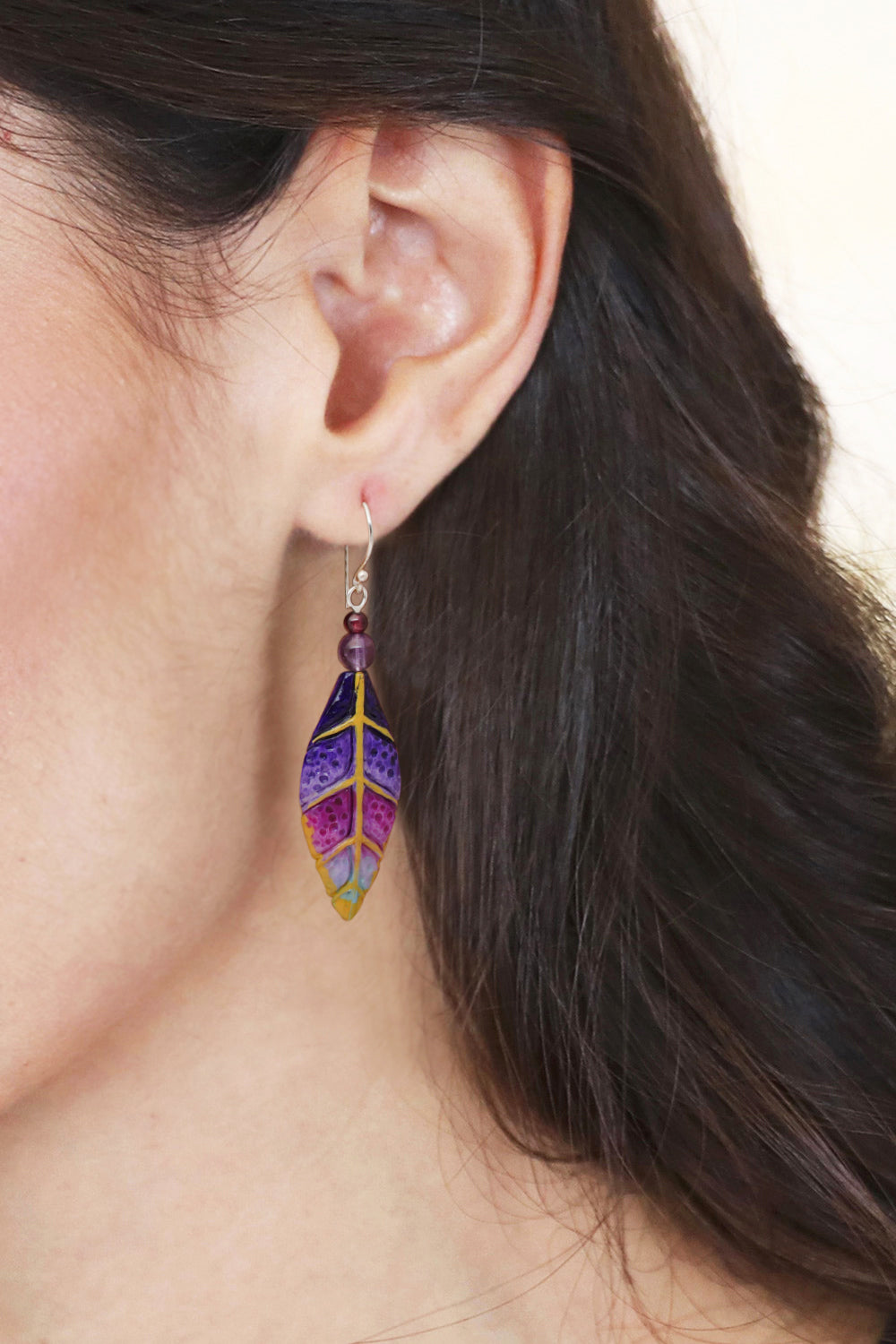 Hand-Carved Silver Amethyst and Garnet Leaf Dangle Earrings - Fairy Leaves