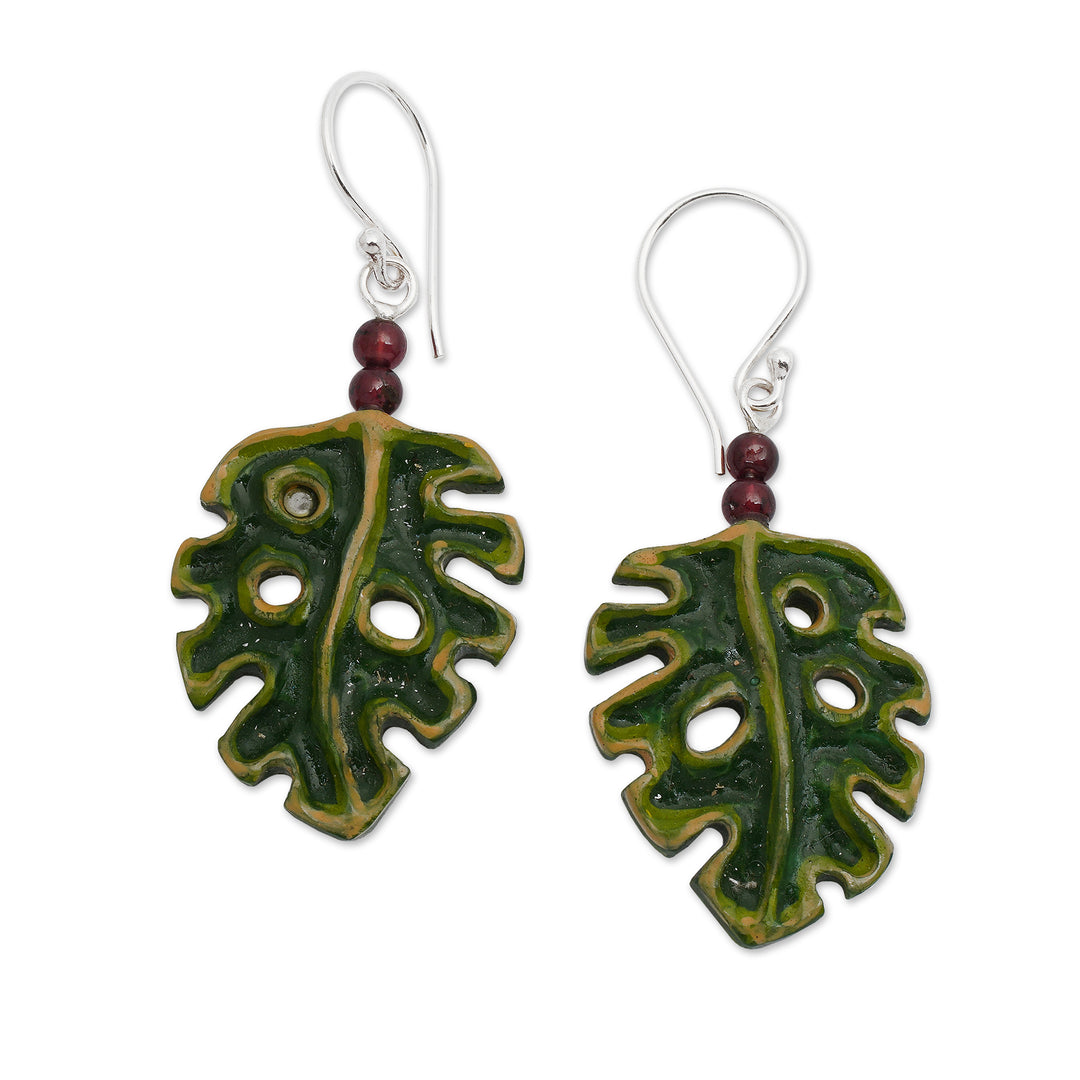 Hand-Painted and Carved Garnet Silver Leaf Dangle Earrings - Tropical Monstera