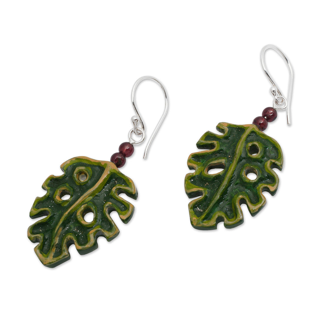 Hand-Painted and Carved Garnet Silver Leaf Dangle Earrings - Tropical Monstera