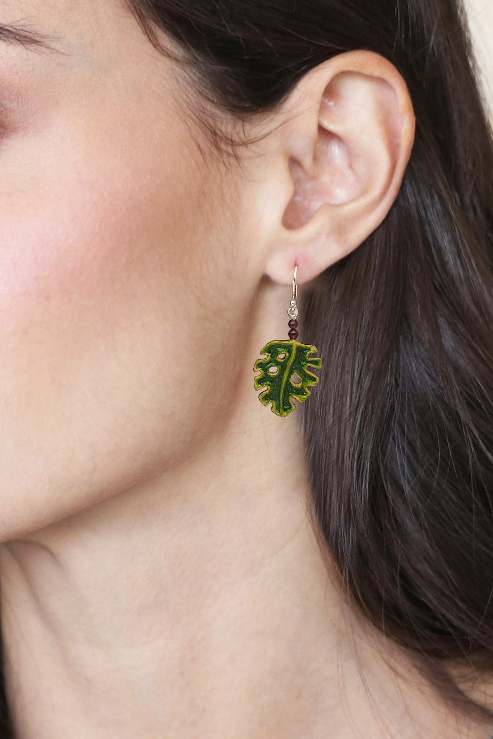 Hand-Painted and Carved Garnet Silver Leaf Dangle Earrings - Tropical Monstera