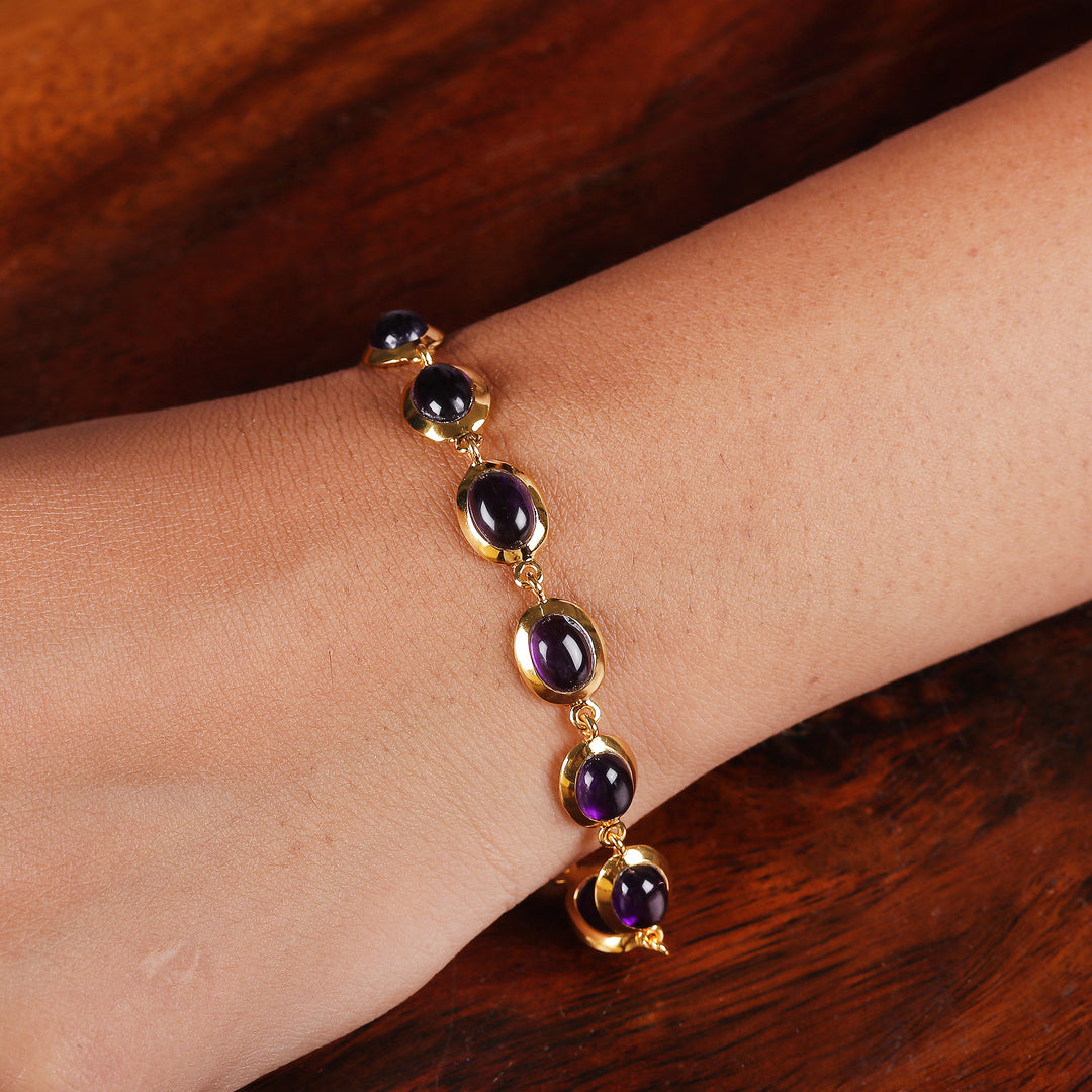 Polished 18k Gold-Plated Amethyst Cabochon Link Bracelet - Amethyst Grandeur